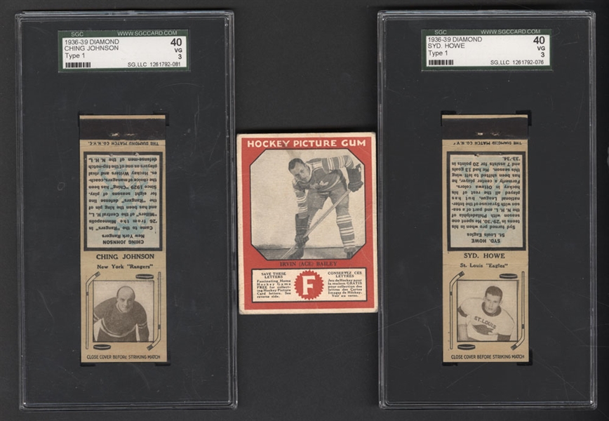 1933-34 Canadian Chewing Gum (V252) Hockey Irvin "Ace" Bailey Rookie Card and 1936-39 Diamond Match Tan Hockey Matchbook Covers (23 - All SGC Graded)