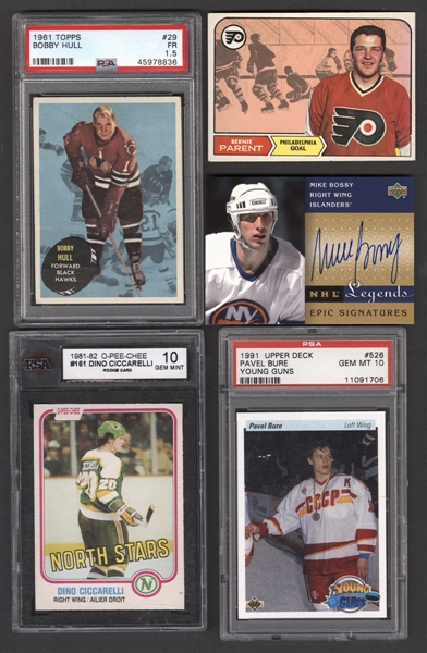 1968 to 2002 Hockey Cards (7) Including 1968-69 O-Pee-Chee #89 Bernie Parent Rookie, 1981-82 OPC #161 Dino Ciccarelli Rookie (KSA 10) and 1990-91 Upper Deck Young Guns #526 Pavel Bure Rookie (PSA 10)