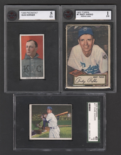 1909 to 1961 Baseball Cards (9) Including 1909-11 T206 Gus Dorner (KSA 5), 1950 Bowman #77 Duke Snider (SGC 3), 1964 Topps #350 Mickey Mantle and 1969 Topps #500 Mickey Mantle