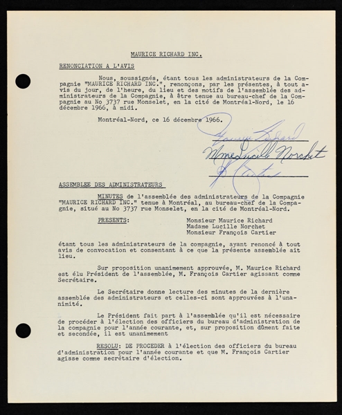 Maurice "Rocket" Richard Thrice-Signed 1966 "Maurice Richard Inc" Document - Also Signed by Mrs. Richard 