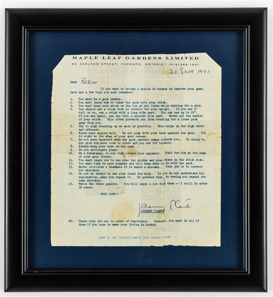 Jacques Plante Signed 1971 Goaltending Tips Typed Framed Letter on Maple Leaf Gardens Letterhead 