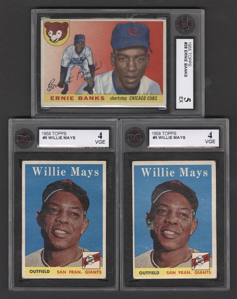 1955 Topps Baseball Card #28 Ernie Banks (KSA 5) and 1958 Topps Baseball Card #5 Willie Mays (2)(Both KSA 4)