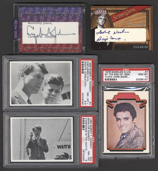 2020 POTUS Presidential Signature Lyndon B. Johnson Autograph, 2011 Panini Screen Gems Directors Cut #4 Leslie Nielsen Autograph (19/40) & 1968 Philadelphia Gum Robert F. Kennedy PSA Graded Cards (2)