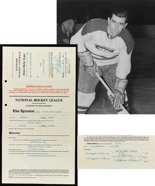 Maurice "Rocket" Richards 1948-49 Montreal Canadiens NHL Contract Signed by Deceased HOFers Richard, Raymond and Campbell