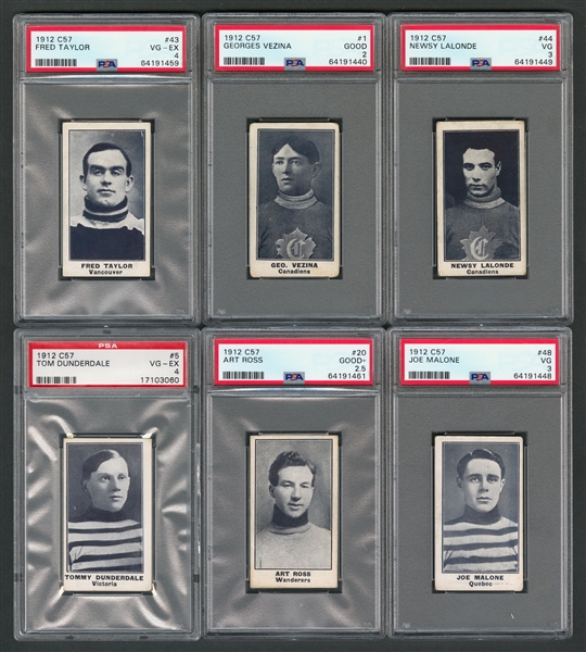 1912-13 Imperial Tobacco C57 Hockey Complete 50-Card Set with 10 Graded Cards Including HOFers #1 Vezina (PSA 2), #20 A. Ross (PSA 2.5), #43 Taylor (PSA 4), #44 Lalonde (PSA 3) and #48 Malone (PSA 3)