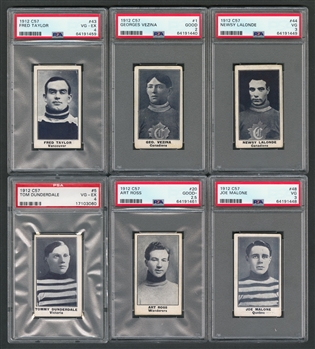 1912-13 Imperial Tobacco C57 Hockey Complete 50-Card Set with 10 Graded Cards Including HOFers #1 Vezina (PSA 2), #20 A. Ross (PSA 2.5), #43 Taylor (PSA 4), #44 Lalonde (PSA 3) and #48 Malone (PSA 3)