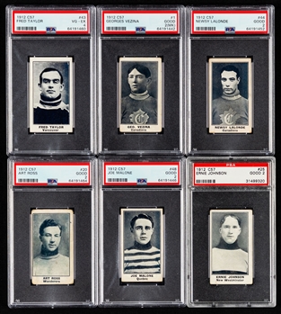 1912-13 Imperial Tobacco C57 Hockey Complete 50-Card Set with 14 PSA-Graded Cards Including HOFers #1 Vezina (Good 2), #20 Ross (Good 2), #43 Taylor (VG-EX 4) and #44 Lalonde (Good 2)