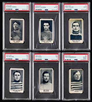 1912-13 Imperial Tobacco C57 Hockey Near Complete Card Set (49/50) with 6 PSA-Graded Cards Including HOFers #1 Vezina (FR 1.5), #20 Ross (PR 1), #43 Taylor (G 2) and #44 Lalonde (G 2) 