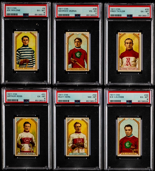 1911-12 Imperial Tobacco C55 Hockey Complete 46-Card Set with 10 PSA-Graded Cards Including #4 Malone (PSA 6), #20 Taylor (PSA 6), #31 Ross (PSA 6), #38 Vezina (PSA 4) and #42 Lalonde (PSA 6)