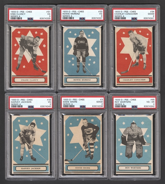 1933-34 O-Pee-Chee V304 Series "A" Hockey Complete 48-Card Set with PSA-Graded Cards (11) Including HOFers Shore, Oliver, Morenz, Clancy, Jackson, Conacher and Worters