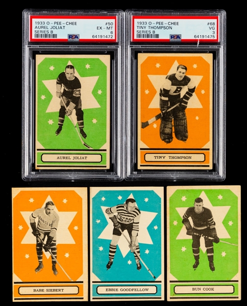 1933-34 O-Pee-Chee V304 Series "B" Hockey Complete 24-Card Set Including PSA-Graded Cards of HOFers #50 Aurel Joliat (EX-MT 6) and #68 Tiny Thompson Rookie (VG 3)