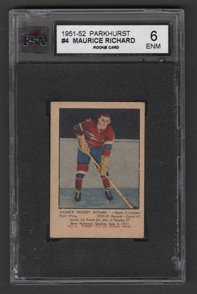 1951-52 Parkhurst Hockey Card #4 HOFer Maurice Richard Rookie - Graded KSA 6