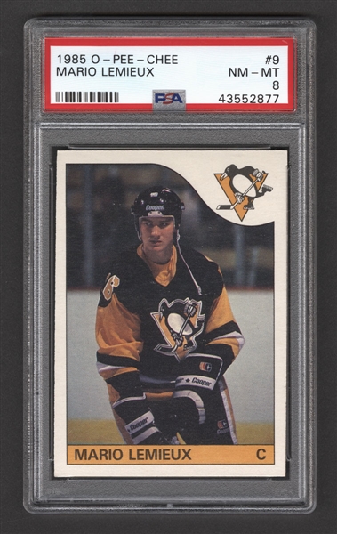 1985-86 O-Pee-Chee Hockey Card #9 HOFer Mario Lemieux Rookie - Graded PSA 8