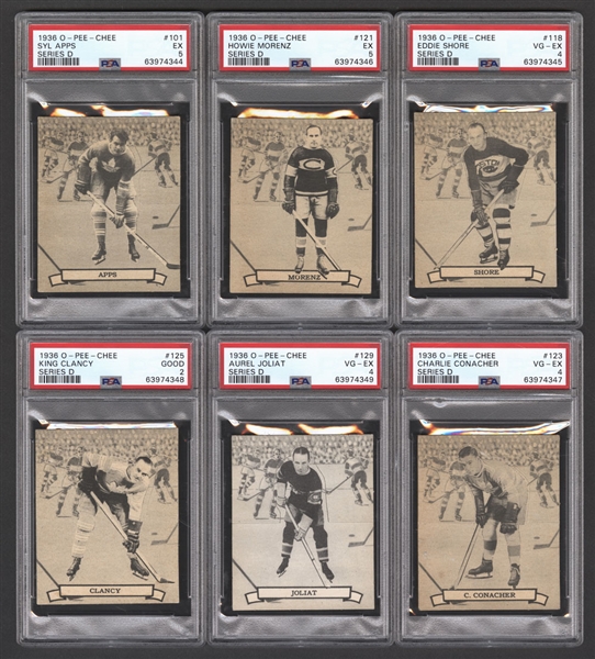 1936-37 O-Pee-Chee Series "D" (V304D) Hockey Complete 36-Card Set with PSA-Graded Cards (6) of HOFers Morenz, Shore, Conacher, Clancy, Joliat and Apps