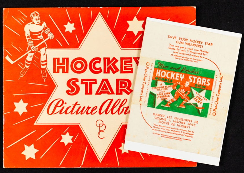 1936-37 O-Pee-Chee Series "D" (V304D) Hockey Card Wrapper Plus 1933-34 O-Pee-Chee Series "B" (V304B) Hockey Card Album