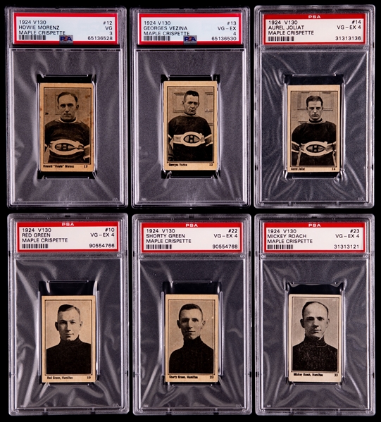 1924-25 Maple Crispette V130 Hockey Complete 29-Card Set with 15 PSA-Graded Cards Including #12 HOFer Howie Morenz (PSA 3), #13 HOFer Georges Vezina (PSA 4) and #14 HOFer Aurele Joliat (PSA 4)