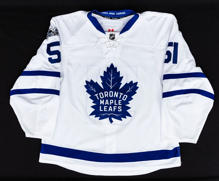 Jake Gardiner’s 2016-17 Toronto Maple Leafs Game-Worn Jersey with Team COA – NHL Centennial Patch! – Team Repairs! – Photo-Matched! 