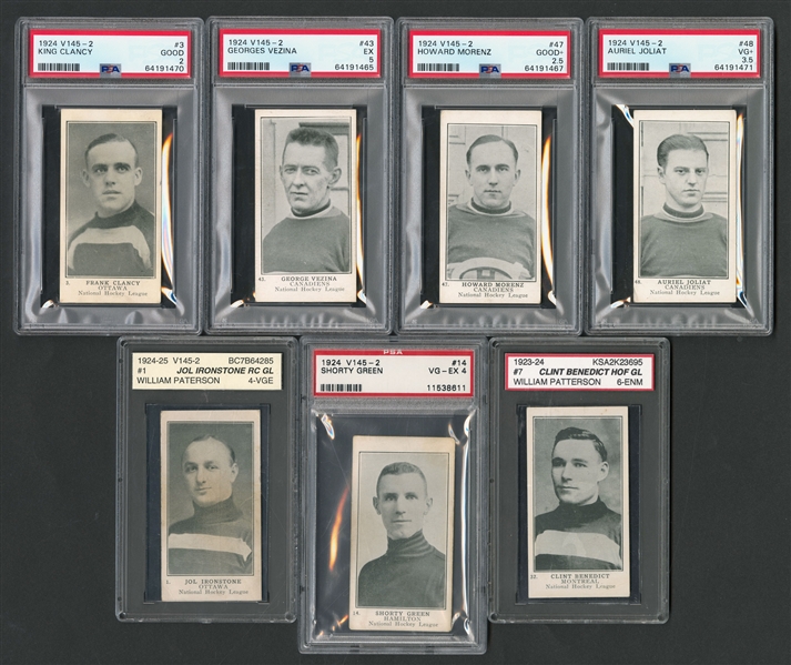 1924-25 William Paterson V145-2 Hockey Complete 60-Card Set with 7 Graded Cards Including HOFers #3 Clancy (PSA 2), #43 Vezina (PSA 5), #47 Morenz (PSA 2.5) and #48 Joliat (PSA 3.5) 
