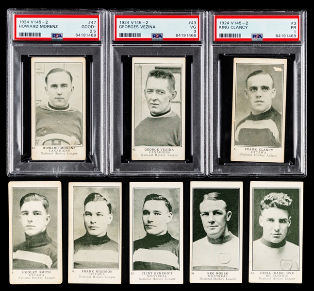 1924-25 William Paterson V145-2 Hockey Near Complete Card Set (54/60) Including PSA-Graded Cards of HOFers #43 Georges Vezina (VG 3), #47 Howie Morenz (Good+ 2.5) and #3 King Clancy (PR 1)