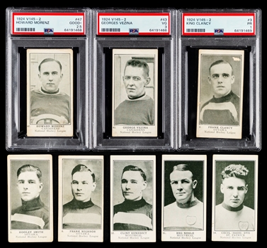 1924-25 William Paterson V145-2 Hockey Near Complete Card Set (54/60) Including PSA-Graded Cards of HOFers #43 Georges Vezina (VG 3), #47 Howie Morenz (Good+ 2.5) and #3 King Clancy (PR 1)