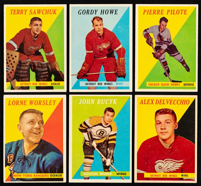 1958-59 Topps Hockey Cards Starter Set (34/66) Including HOFers #8 Gordie Howe and #2 Terry Sawchuk Plus Extras (9) Including #8 HOFer Gordie Howe