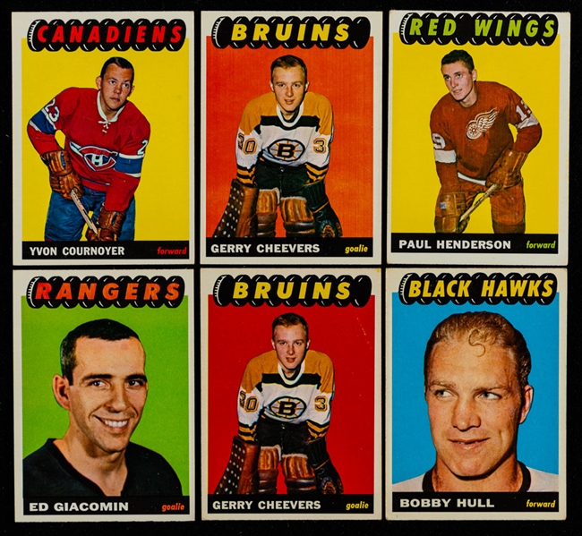 1965-66 Topps Hockey Starter Set (90/128) Including #21 HOFer Ed Giacomin Rookie, #31 HOFer Gerry Cheevers Rookie, #51 Paul Henderson Rookie, #76 HOFer Yvan Cournoyer Rookie and #66 Checklist