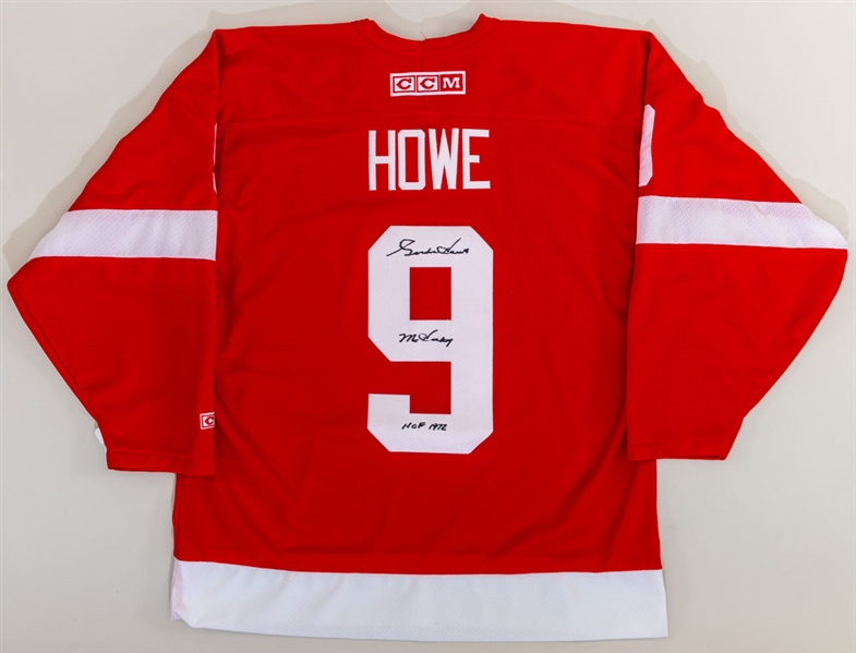 Gordie Howe Signed Detroit Red Wings Jersey with "Mr. Hockey" and "HOF 1972" Annotations
