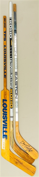 1990s Game-Issued Signed Stick Collection of 3 with Wayne Gretzky Signed Easton Aluminum, Mario Lemieux Signed Koho Revolution and Curtis Joseph Signed Louisville TPS 