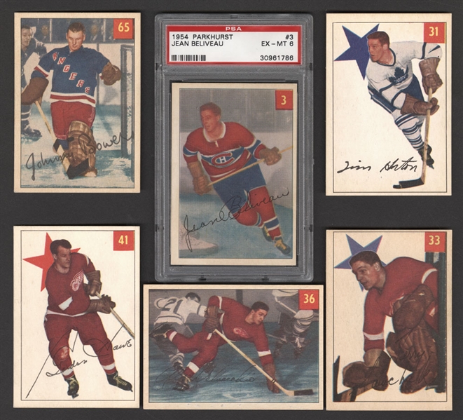 1954-55 Parkhurst Hockey Complete 100-Card Set Including #3 HOFer Jean Beliveau (Graded PSA EX-MT 6)