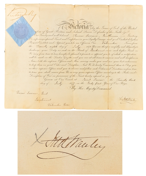 Lord Stanley and Queen Victoria Dual-Signed 1877 Military Commission Document with LOA