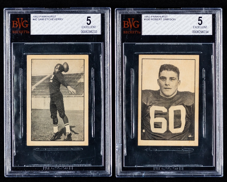 1952 Parkhurst CFL Near Complete Card Set (92/100) with Beckett Graded Card #42 Sam Etcheverry Rookie (BVG 5) and #100 Bobby Simpson Rookie (BVG 5)