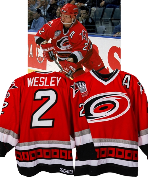 Glen Wesleys 1999-2000 Carolina Hurricanes Game-Worn Alternate Captains Jersey - Raleigh Arena Inaugural Season and Chiasson Memorial "3" Patches!