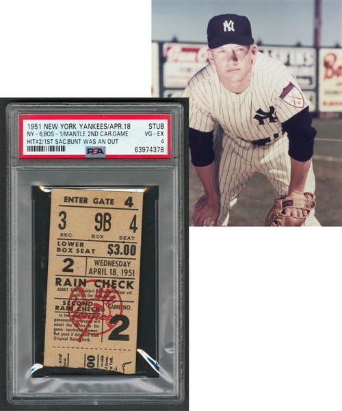 April 18th 1951 New York Yankees Ticket Stub - Mickey Mantle 2nd Career Game! - Second Major League Hit (First 2 RBI Hit)! - First Major League Sacrifice Bunt! - Pop-1 Highest Graded!