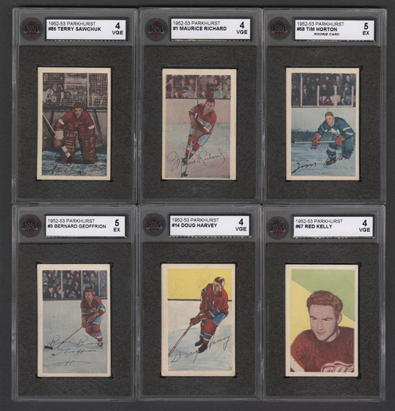 1952-53 Parkhurst Hockey Starter Set (78/105) with KSA-Graded Cards of #1 Richard (VGE 4), #3 Geoffrion (EX 5), #14 Harvey (VGE 4), #58 Horton Rookie (EX 5), #67 Kelly (VGE 4) and #86 Sawchuk (VGE 4)