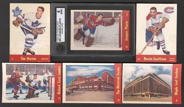 1955-56 Parkhurst Hockey Near Complete Set (76/79) with KSA-Graded Cards of #50 HOFer Jacques Plante Rookie (ENM 6), #45 HOFer Doug Harvey (EX 5) and #23 HOFer Turk Broda (VG 3)