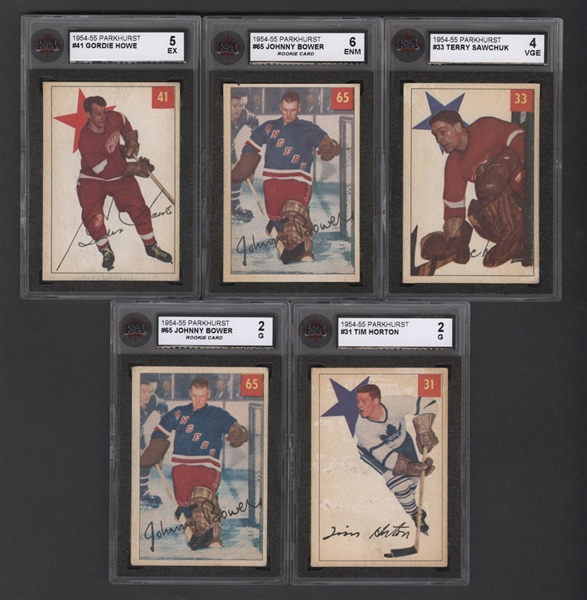 1954-55 Parkhurst Hockey Cards (225) Including Graded Cards of #31 Tim Horton (KSA 2), Terry Sawchuk (KSA 4), Gordie Howe (KSA 5) and Johnny Bower (2 Cards Including a KSA 6)