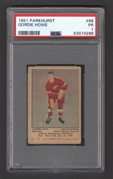 1951-52 Parkhurst Hockey Card #66 HOFer Gordie Howe Rookie – Graded PSA 1
