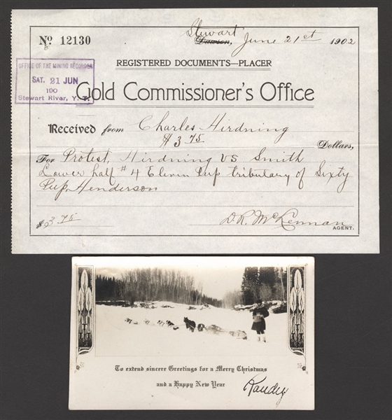 1905 Dawson City Nuggets Stanley Cup Challenger Randy McLellan Signed Gold Commissioners Office Document and Real Photo Christmas Postcard - Also Challenged with Queens University in 1895!