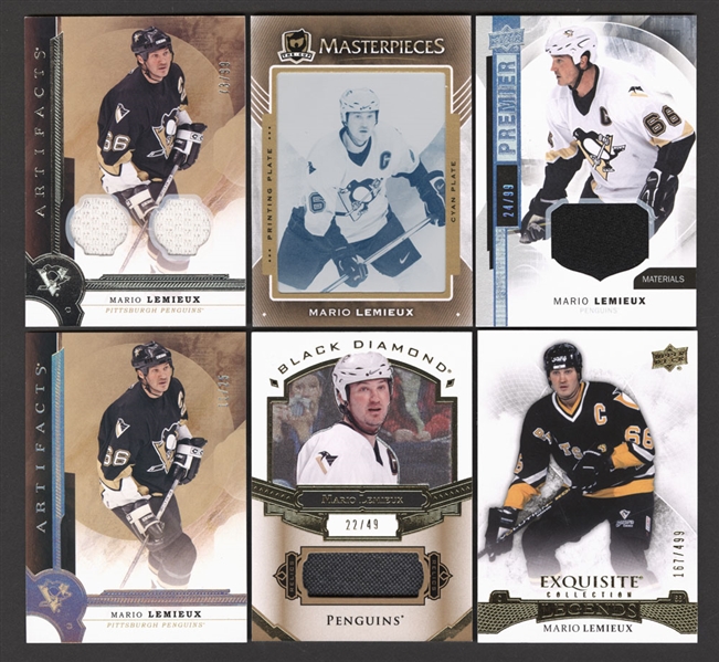 Mario Lemieux Hockey Cards (14) Including 2015-16 The Cup Masterpieces Printing Plate Cyan Mario Lemieux (1/1) and 2016-17 Black Diamond Relics #BDB-ML (22/49)