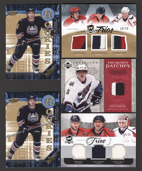 Alexander Ovechkin Hockey Cards (15) Including 2005-06 Upper Deck Power Play Rookies #143 (2 Cards) and 2010-11 The Cup Trios Patches #C-3 WASH Ovechkin/Backstrom/Semin (10/10)