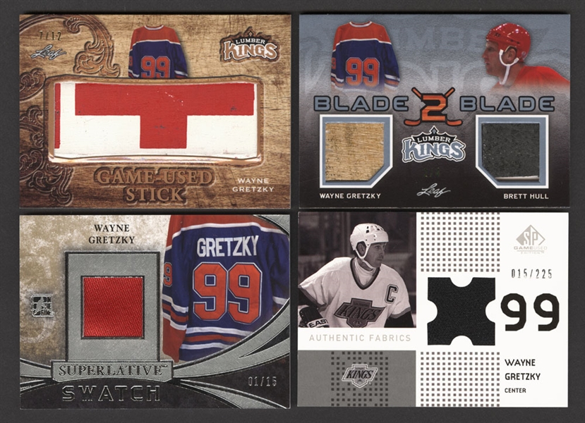 Wayne Gretzky Hockey Cards (6) Including 2015-16 ITG Superlative Swatch #SSP-01 (1/15) and 2016-17 Leaf Lumber Kings Game-Used Stick #GS-73 (7/12)