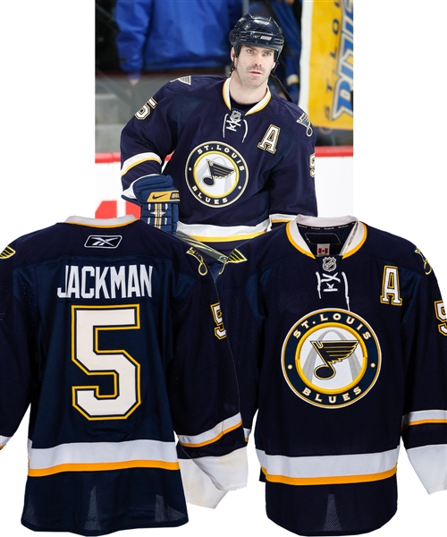 Barret Jackmans 2009-10 St. Louis Blues Game-Worn Alternate Captains Third Jersey with Team COA - Team Repairs!