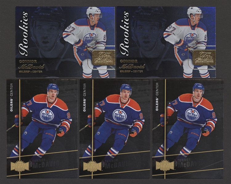 Connor McDavid Hockey Cards (34) Including 2015-16 Fleer Showcase Metal Universe #MU-1 (3 Cards), 2015-16 UD SPx Stick Wizards #89 (2 Cards) and 2015-16 Fleer Showcase Flair #36 (2 Cards)