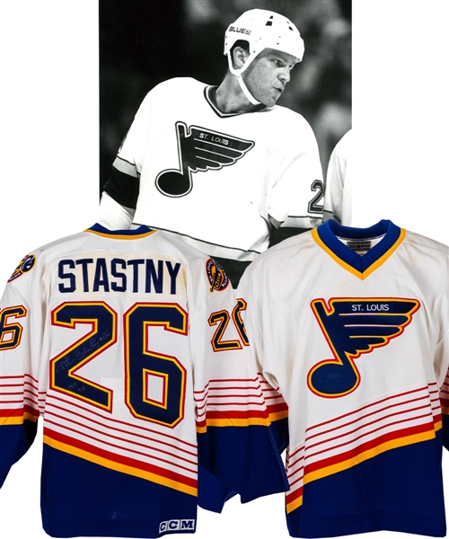 Peter Stastnys 1994-95 St. Louis Blues Signed Game-Worn Jersey with LOA - Worn in First Regular NHL Season Game at the Kiel Center