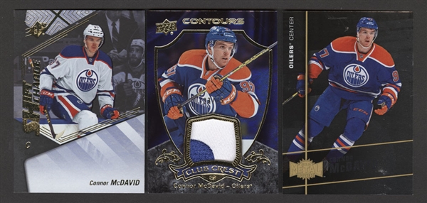 2015-16 Upper Deck Contours Club Crest Hockey Card #CC-15 Connor McDavid (23/75), 2015-16 UD SPx Shift Change #75 and 2015-16 Fleer Showcase Metal Universe #MU-1 