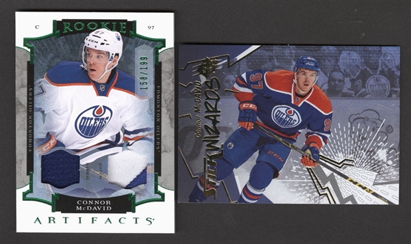 2015-16 Upper Deck Rookie Artifacts Hockey Card #205 Connor McDavid Jersey/Patch (158/199) and 2015-16 UD SPx Stick Wizards #89 Connor McDavid