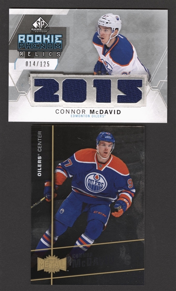 2015-16 SP Game Used Rookie Phenom Relics Hockey Card #RP-CM Connor McDavid (014/125) and 2015-16 Fleer Showcase Metal Universe #MU-1 Connor McDavid 