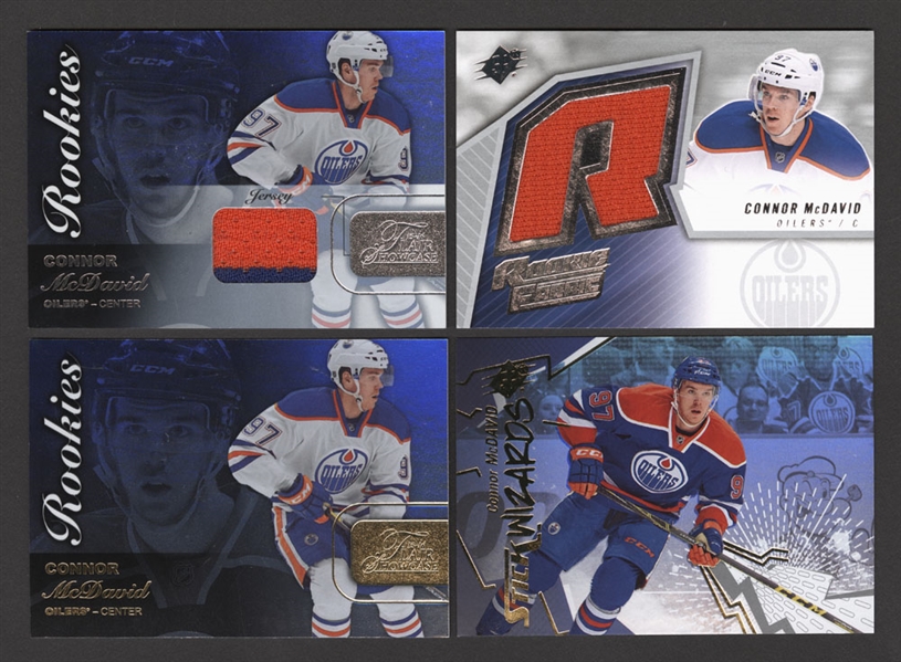  Connor McDavid Hockey Cards (19) Including 2015-16 Fleer Showcase Flair Materials #36 and 2015-16 SPx ’05-06 Retro Rookie Jerseys #SPXR-CM 