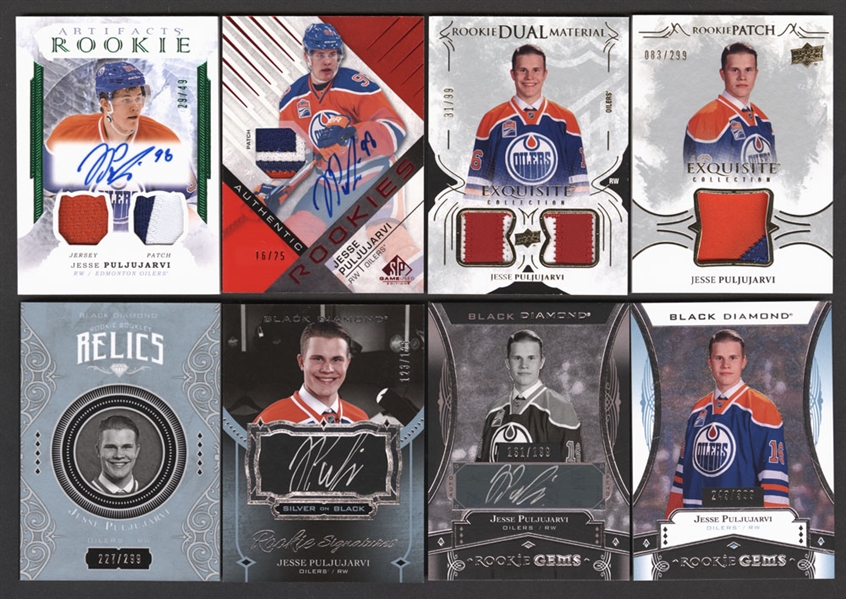 Jesse Puljujarvi Edmonton Oilers Hockey Cards (21) Including 2016-17 Black Diamond Silver on Black Rookie Signatures #SBRS-JP (123/125) and 2016-17 UD Artifacts Rookie Autograph/Jersey/Patch (29/49)