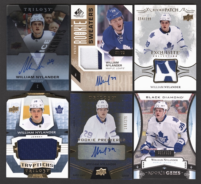 William Nylander Hockey Cards (15) Including 2016-17 SP Game Used Rookie Sweaters Inked Patch #RS-WN (38/99) and 2016-17 UD Trilogy Ice Scripts #IS-WN
